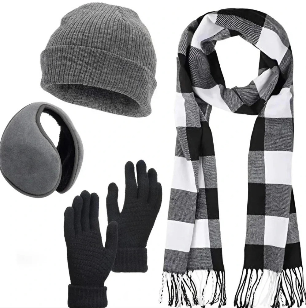 Scarf And Gloves Set - Knitted Winter Warmer Set, Winter Gloves Plaid Scarf Bean